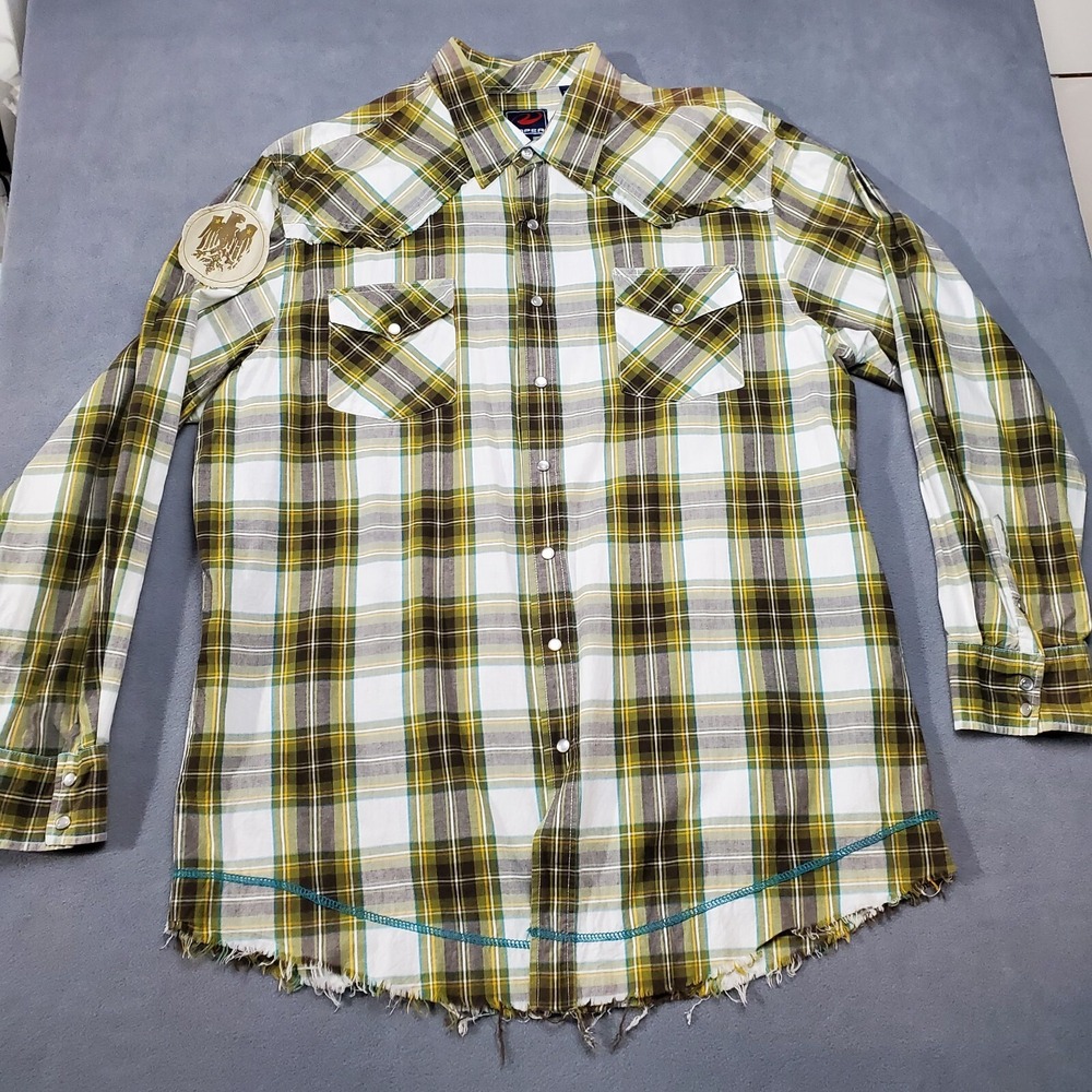 Roper Shirt Mens 2XL Beige Brown Plaid Pearl Snap Fringe Raw Hem Embroidered